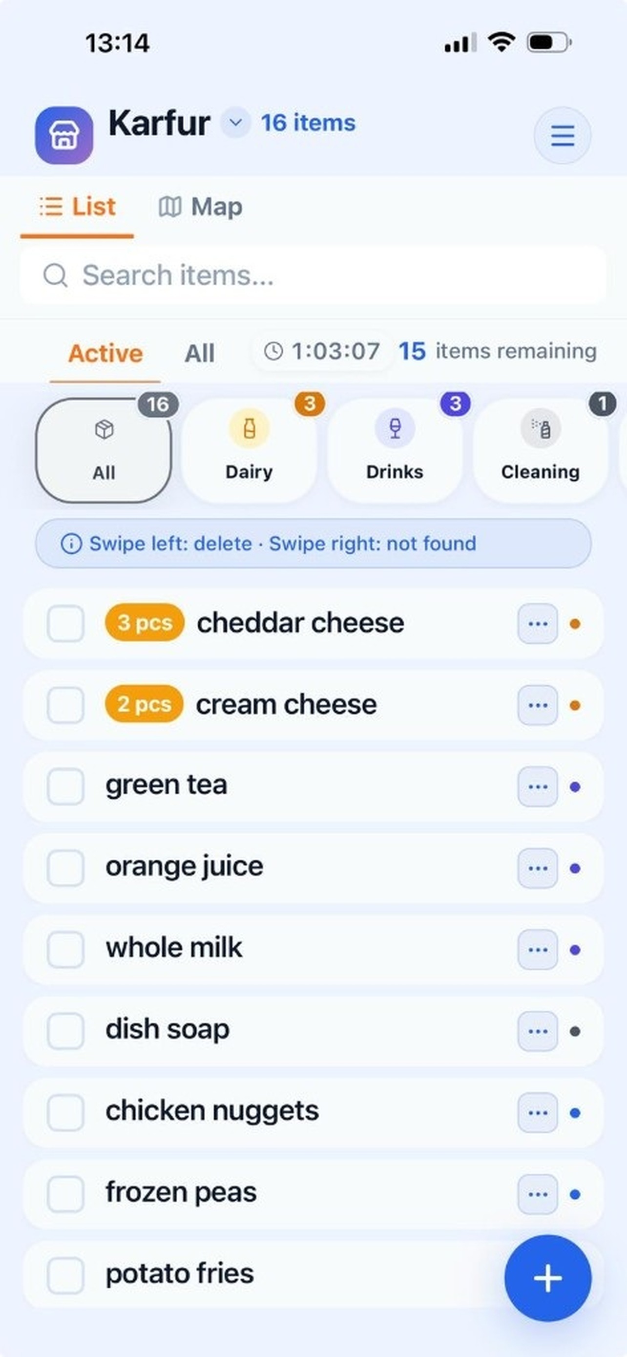 Active shopping list organized by category with counts and timer.