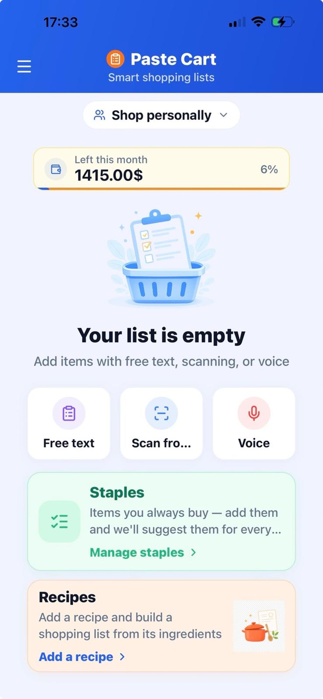Paste Cart home screen with an empty My list — paste, type, or use voice and scan to add your first items.