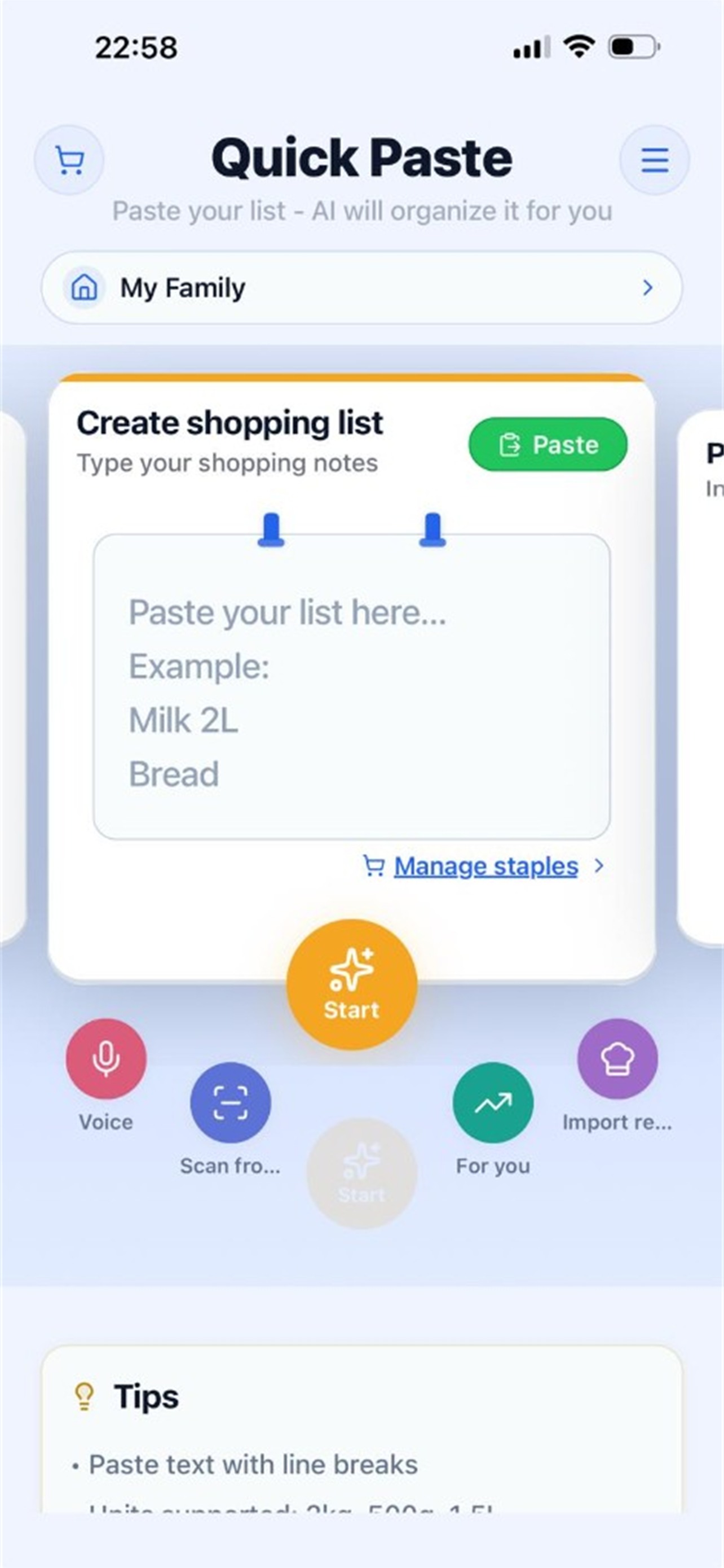 Quick Paste screen — paste your shopping list, AI will organize it.