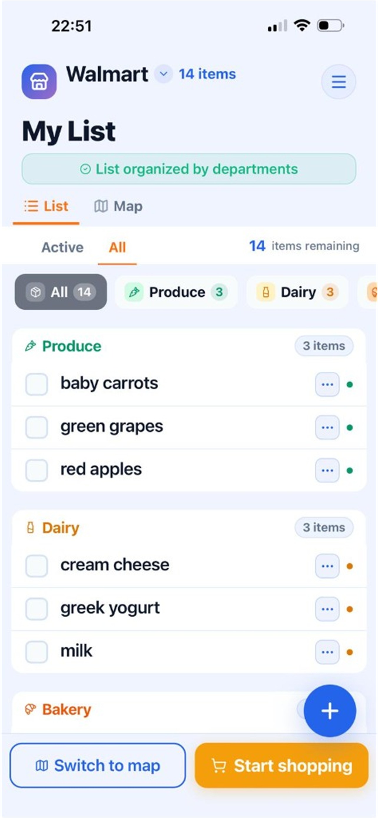 Organized shopping list grouped by departments such as Produce and Dairy, with item counts and checkboxes.