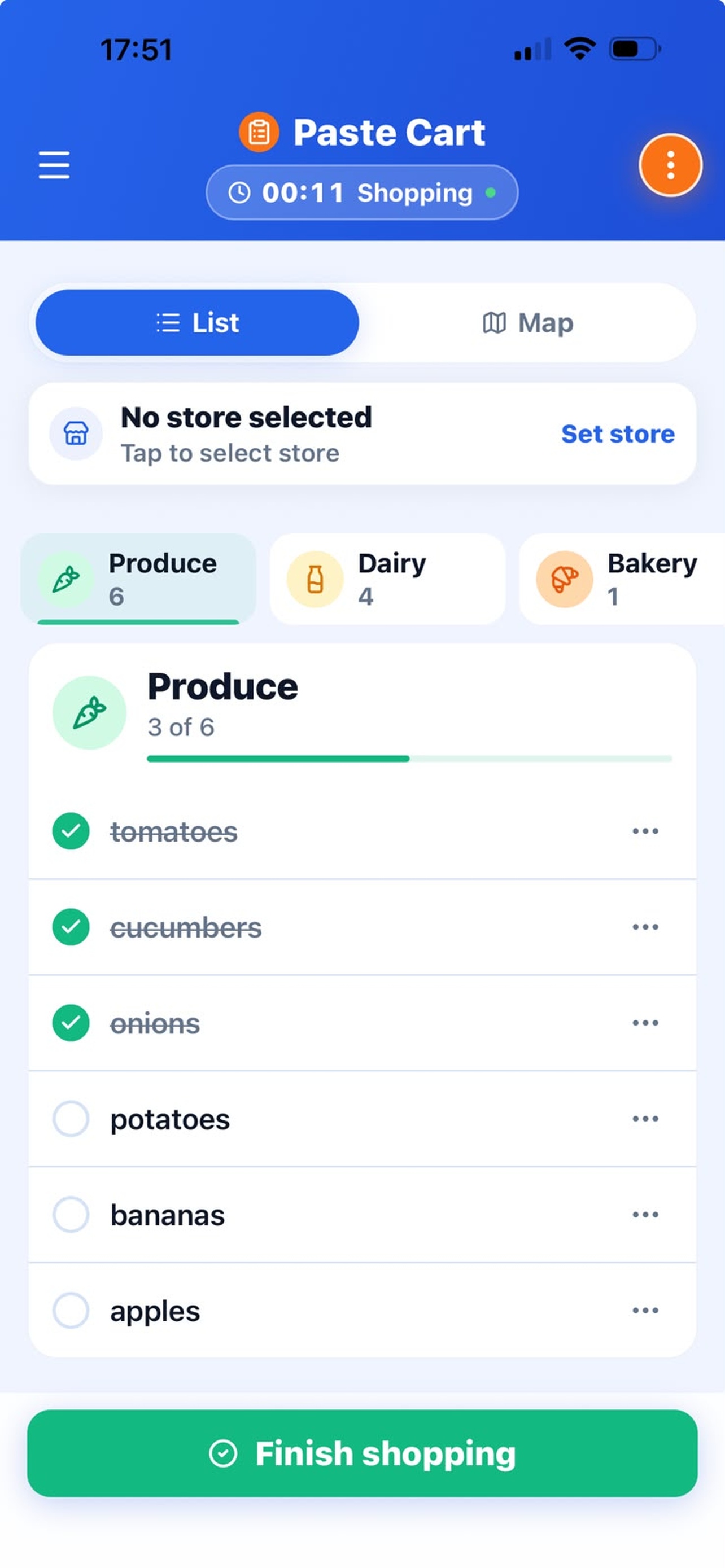 Organized shopping list grouped by departments such as Produce and Dairy, with item counts and checkboxes.
