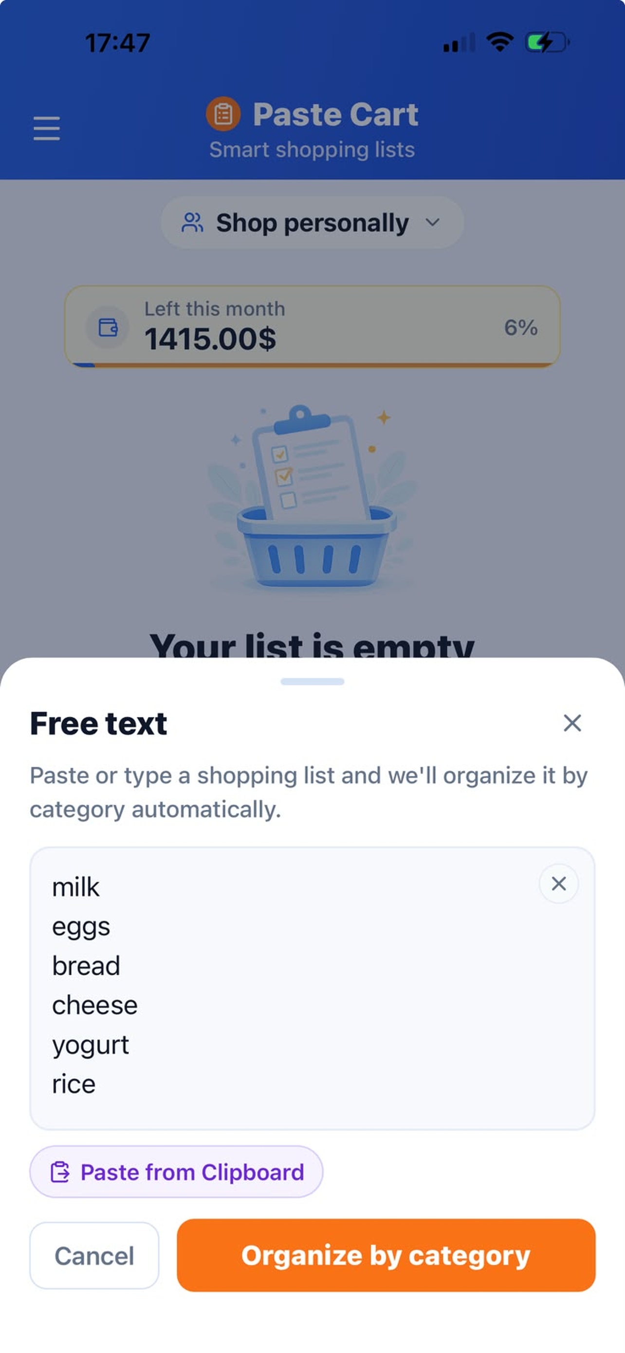 My list with items added and an Organize now button to sort them into store aisles for smart shopping.