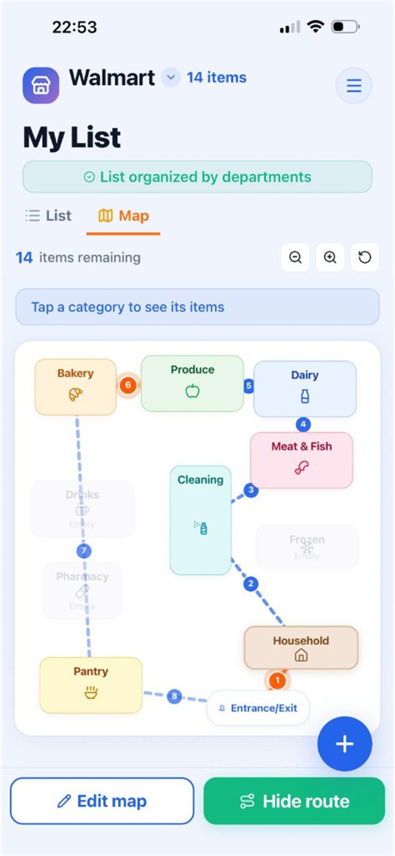 Store map with departments and a numbered route through the store for your shopping list.