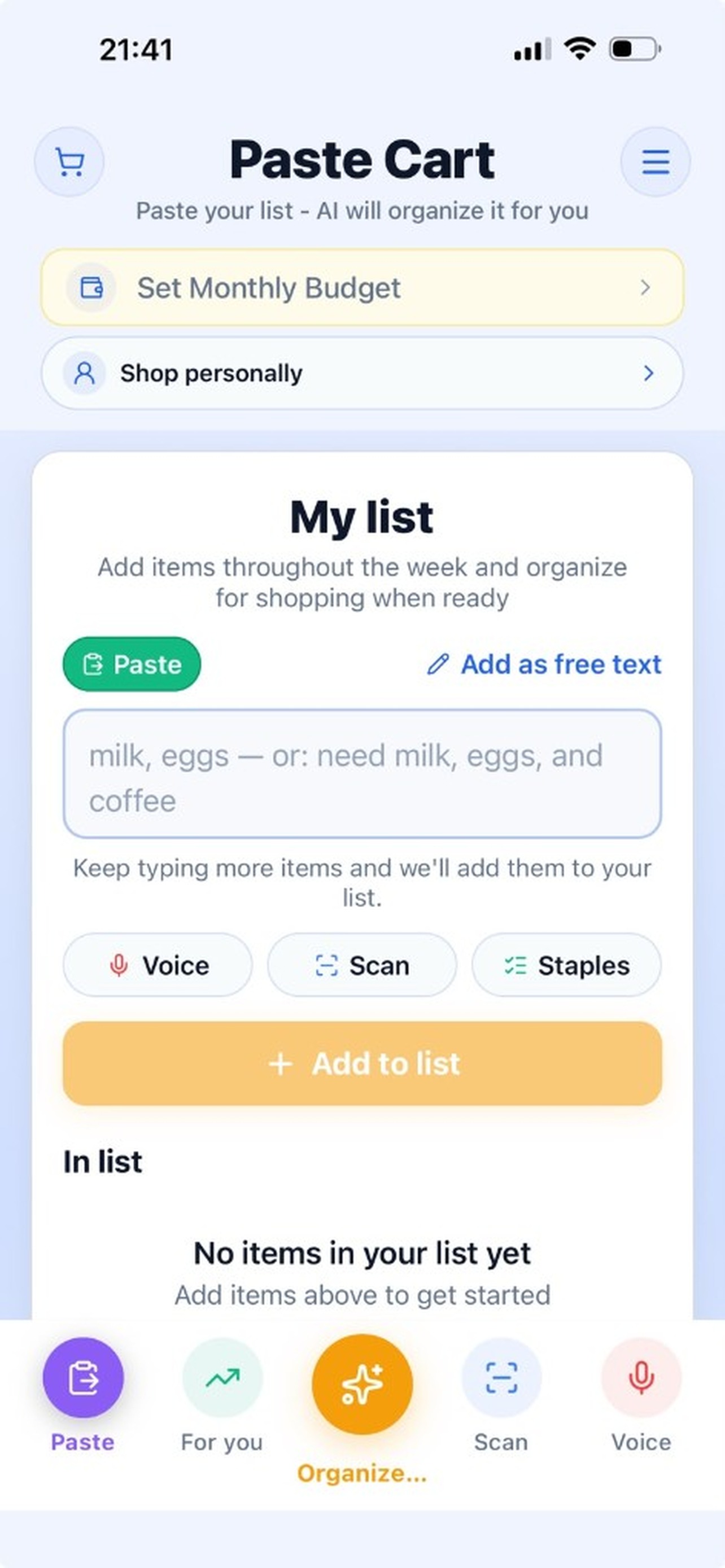 Paste Cart home screen with an empty My list — paste, type, or use voice and scan to add your first items.